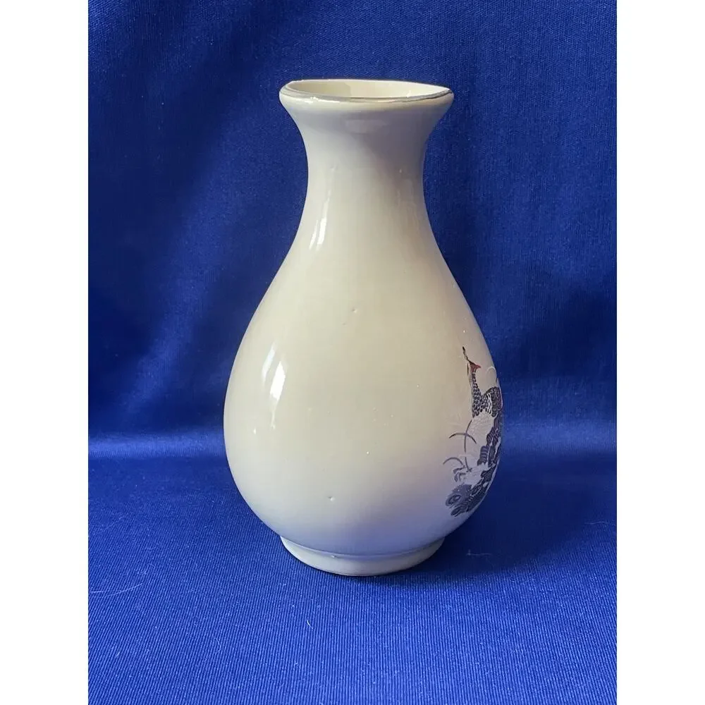 Cream Color Porcelain Bud Vase Accented Gold Peacocks